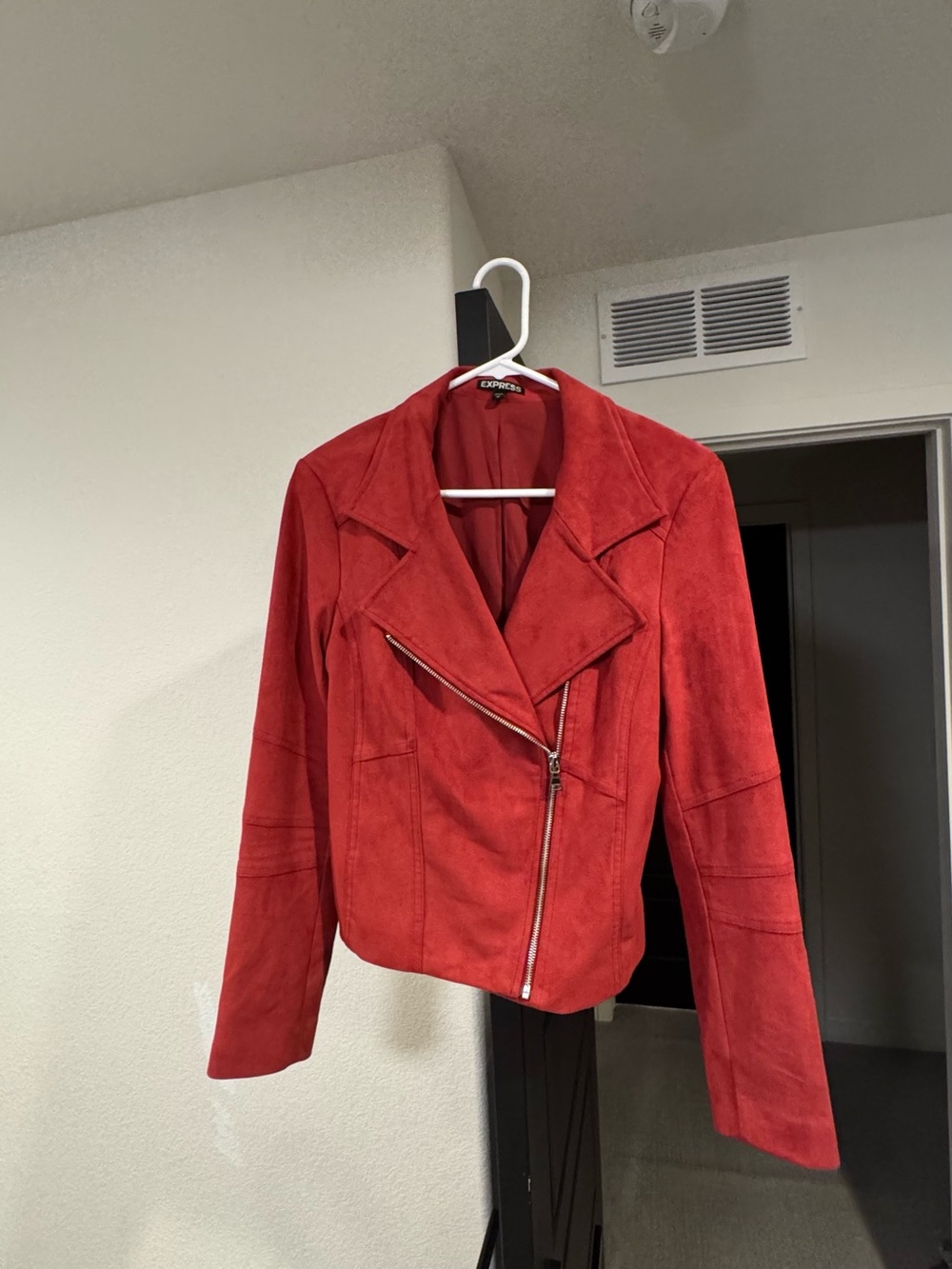 Express Red Suede-Style Asymmetric Moto Jacket